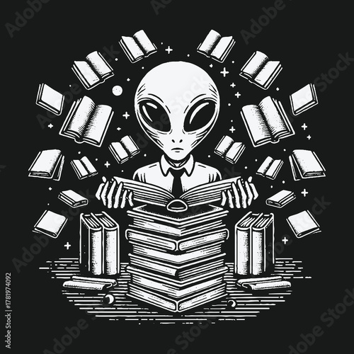 Alien scholar surrounded by floating books in a cosmic library.