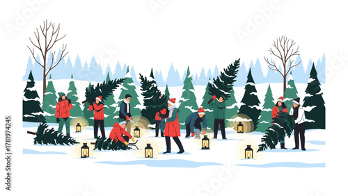Christmas Tree Harvesting: A festive gathering unfolds in a snowy winter landscape, as individuals work together to harvest and transport evergreen trees, embodying the spirit of the season.