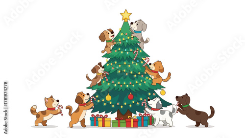 Christmas Dogs: Cheerful canine companions adorn a festive evergreen tree, brimming with colorful ornaments and joyful spirit.