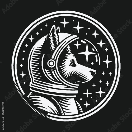 Brave dog astronaut in a space helmet emblem.