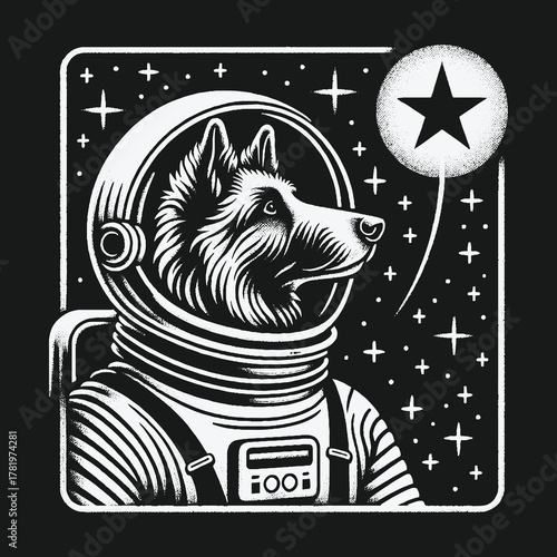 Brave canine astronaut gazes at the stars in a retro illustration.