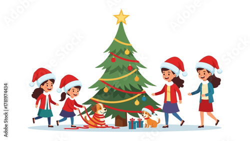 Christmas Cheer: A heartwarming scene unfolds as children adorn a Christmas tree, radiating the festive spirit of the season.