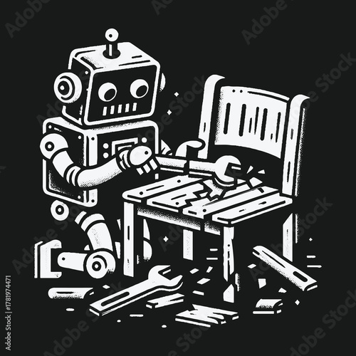 Funny cartoon robot with a wrench attempting to fix a broken chair.