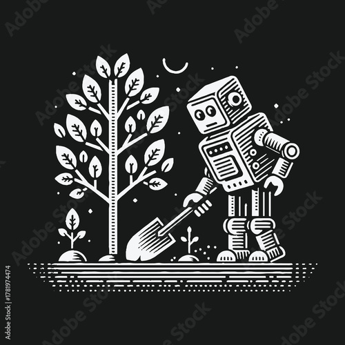 Vintage robot gardener planting a sapling at night illustration.
