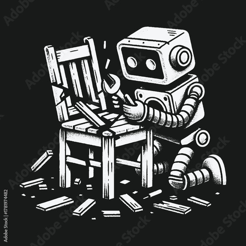 A cute cartoon robot attempts to repair a broken wooden chair with a wrench.