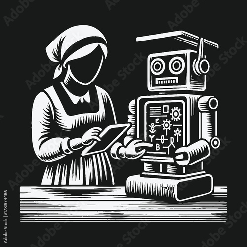 Vintage black and white illustration of a woman teaching a robot with a graduation cap.