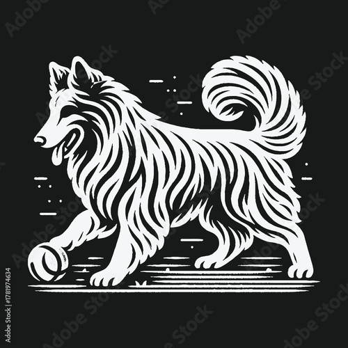 Happy fluffy Samoyed dog playing with a ball black and white illustration.