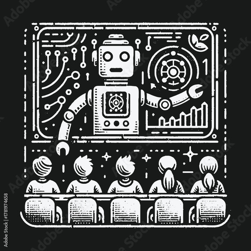 Robot Teacher Instructing Students in a Futuristic Classroom Illustration.
