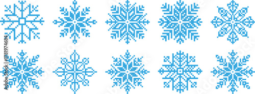 Pixel snowflakes winter ice crystal game icon vector set. Snow flake retro computer 8 bit pixel art elements