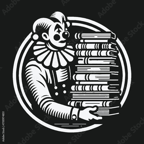 A whimsical jester clown carrying a tall stack of books in a monochrome circular emblem.