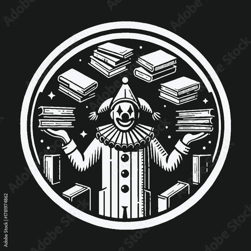 Vintage Jester Clown Juggling Stacks of Books Illustration.