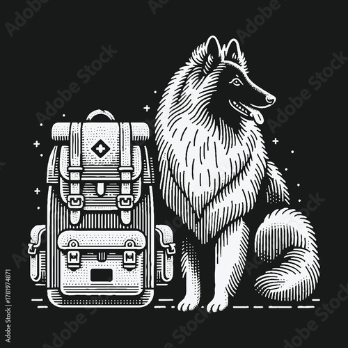 Loyal fluffy dog companion sitting beside a travel backpack for adventure.