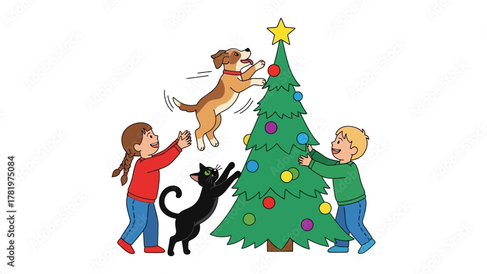 Obraz premium Holiday cheer: A festive scene unfolds as a cat, a dog and two childs decorate a Christmas tree, the spirit of the holidays comes alive.