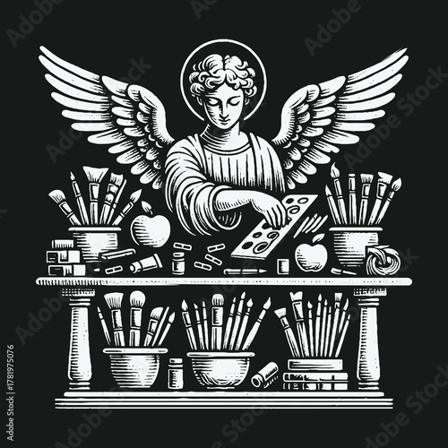 Vintage engraving style illustration of a guardian angel of art and creativity.