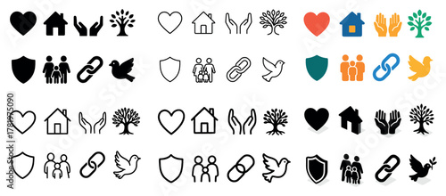 Diverse collection of icons: love, home, community