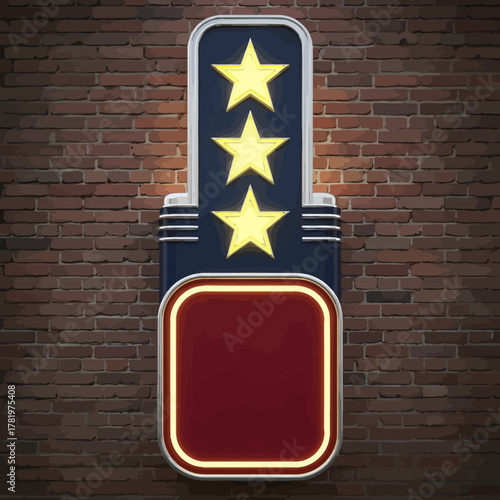 Retro Neon Sign with Three Stars and Blank Red Square on Brick Wall.