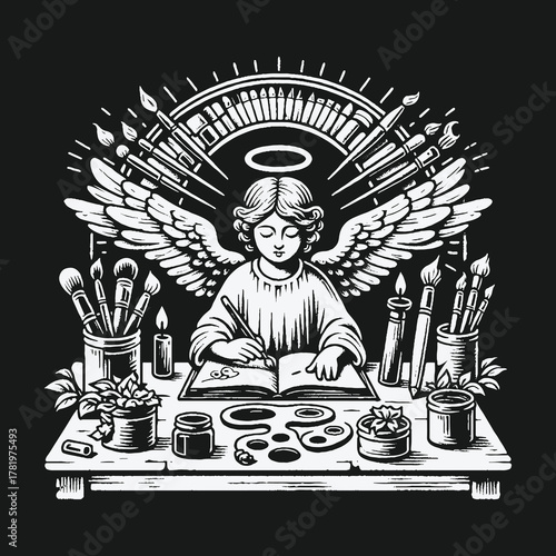 Angelic artist drawing at a desk surrounded by creative tools illustration.