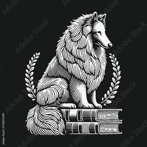 Elegant Shetland Sheepdog sitting on books with a laurel wreath in a classic engraving style illustration.