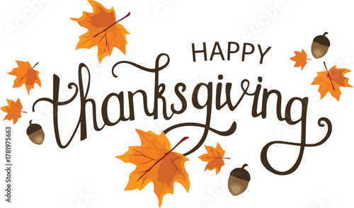 Celebrate the season with a vibrant 'Happy Thanksgiving' design featuring autumn leaves and acorns, perfect for festive greetings and seasonal decor.