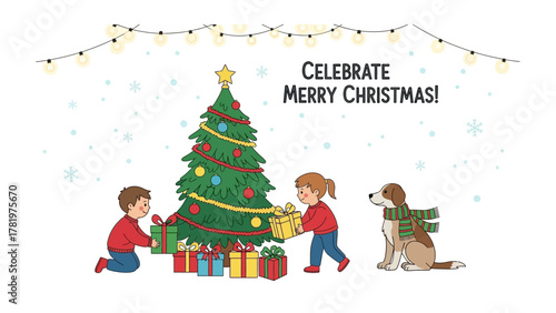 Festive Scene: Children and a Dog Celebrate Christmas Cheer: Two children and a friendly dog share in the joy of Christmas. Surrounded by gifts, the decorated tree.