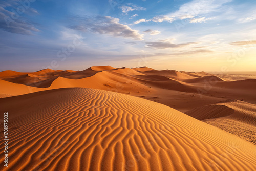 Fototapeta Naklejka Na Ścianę i Meble -  Endless ripples of golden sand dunes stretching across vast desert landscape