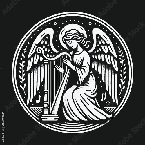 Serene Angel Playing a Celestial Harp in a Circular Linocut Illustration.