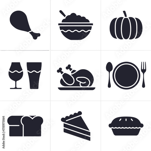 Celebrate abundance with delicious icons representing holiday feasts, festive meals, and comforting treats perfect for seasonal promotions