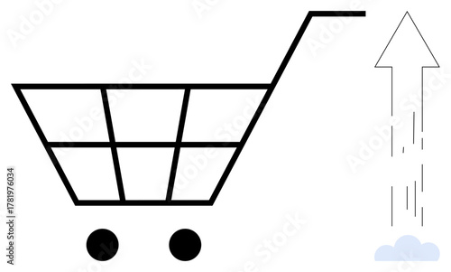 Shopping cart next to ascending arrow representing progress, online shopping, sales growth, and innovation. Ideal for business, e-commerce, economics, consumer trends, digital marketing strategy