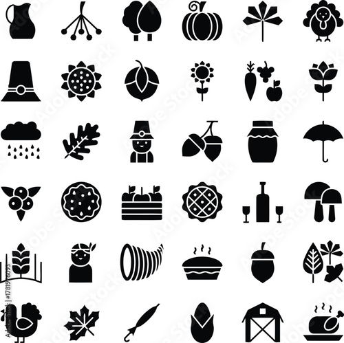 Vibrant collection of Thanksgiving and autumn icons perfect for festive designs celebrating harvest, family, and seasonal bounty