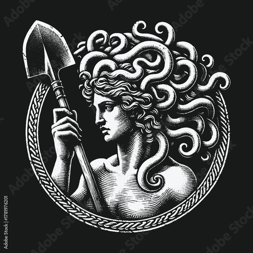 Mythological Medusa Gorgon with a Shovel in a Classical Engraving Style.