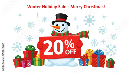 Winter Holiday Sale: A cheerful snowman, adorned with a top hat and a vibrant scarf, joyfully presents a captivating 20% OFF sign amidst a flurry of snowflakes, surrounded by colorful gift boxes.