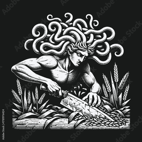Mythological Gorgon Man Harvesting Wheat with a Blade.
