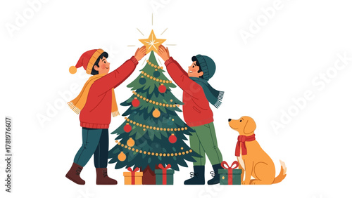 Holiday Cheer: Two children decorate a festive Christmas tree with their loyal companion. A scene of joyful preparation for the season of joy and togetherness.