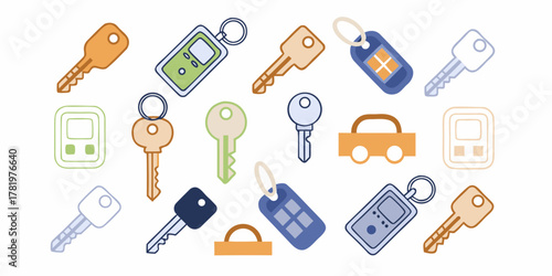 Collection of colorful flat design car keys and keychains with a simple car icon on white background