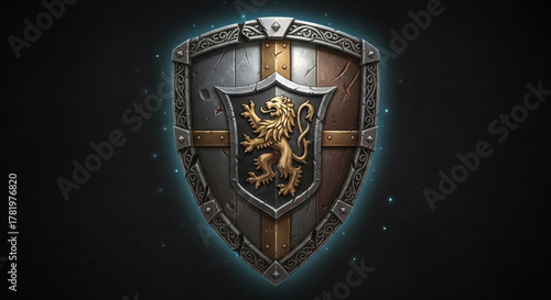 A medieval shield with a golden lion rampant, adorned with celtic knots, stands as a symbol of courage and nobility in a fantasy realm
