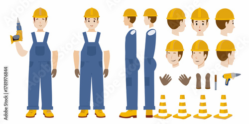 Construction worker character kit with multiple views tools and safety equipment for animation and design