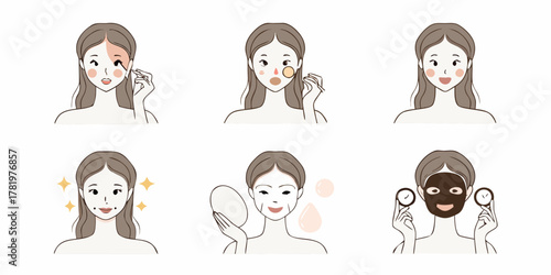 Woman s skincare routine steps applying makeup and facial masks for healthy glowing skin