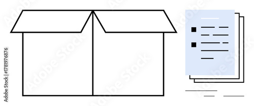 Open box with flaps raised placed next to stacked documents. Ideal for storage management, organization, shipping, decluttering, minimalism, paperwork handling, and logistics. Simple flat metaphor