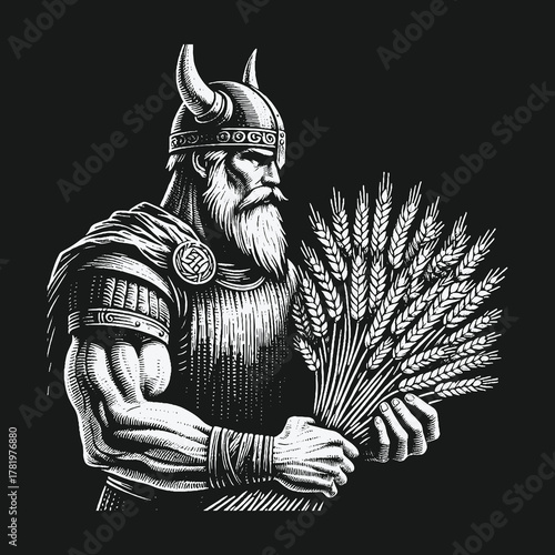 Monochrome illustration of a powerful Viking warrior holding a sheaf of wheat.