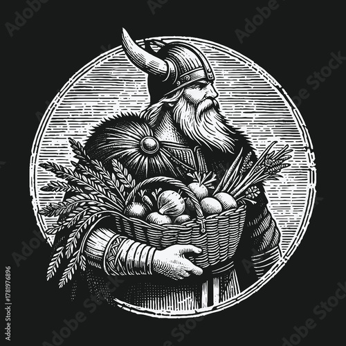 Vintage Engraving of a Viking Warrior Holding a Harvest Basket.