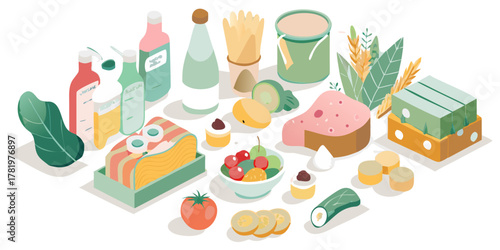 A vibrant isometric illustration featuring a diverse collection of food items and ingredients arranged in a visually appealing composition