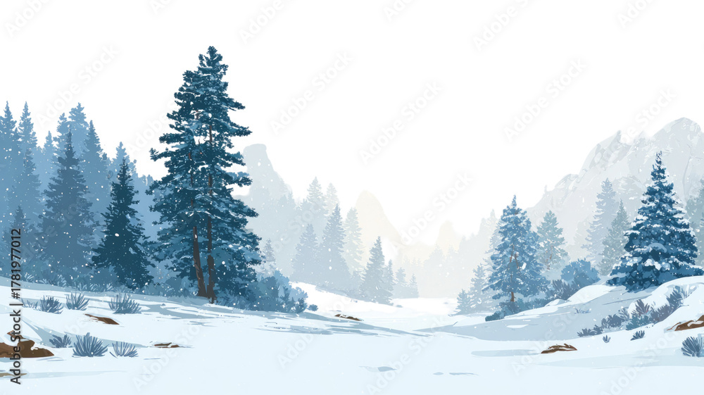 Fototapeta premium Snowy winter mountain landscape with frosty fir trees under a cold blue sky