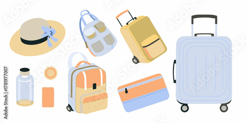 Collection of travel essentials including luggage backpacks a hat and travel accessories for a vacation