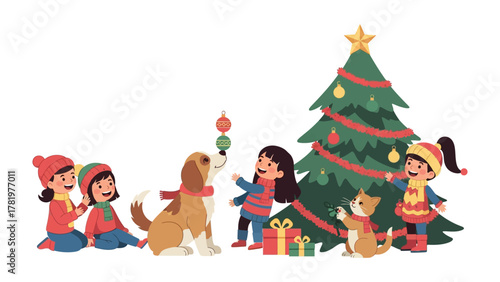 Christmas Joy: Children and pets decorate a festive Christmas tree, sharing the holiday spirit with gifts and ornaments