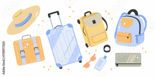Collection of travel essentials including suitcases backpacks hat sunglasses and toiletries for vacation