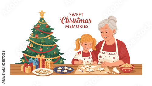 Sweet Christmas Memories: A warm and heartwarming scene of a grandmother and granddaughter baking festive cookies near a decorated Christmas tree. The scene exudes holiday cheer.