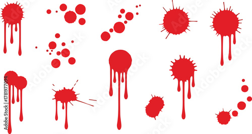 Vector art shows various red blood splattersdrops of different shapes  sizes on a plain white background