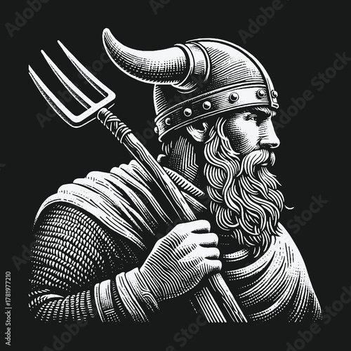 Black and white illustration of a Viking warrior with a horned helmet holding a trident.