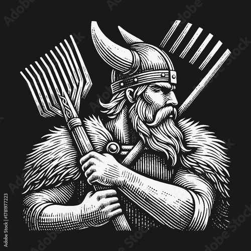 Monochrome Engraving of a Viking Farmer with Pitchfork and Rake.