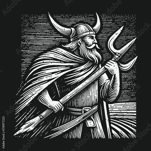 Monochrome Engraving of a Viking Warrior Holding a Trident.